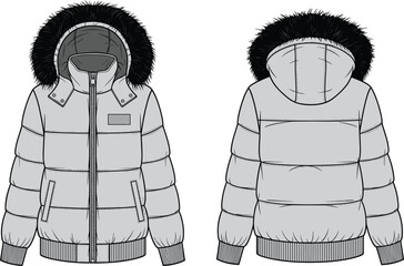 Flat technical cad sketch of winter padded puffer jacket with fur hood, zip closure, front and back views, fashion design illustration