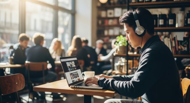 Focused young man with headphones working on laptop in busy cafe environment - Powered by Adobe