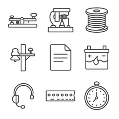 Telegraph Communication Icons. Line style icons of Telegraph Communication: Morse key tapper, sounder relay, copper wire spool,