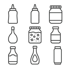 Condiment Icons Collection. Line style icons of Condiment Shelf: ketchup squeeze, mustard bottle, mayonnaise jar, hot sauce flask,
