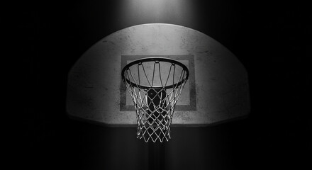 A monochrome image showcases a basketball hoop and backboard against a dark background with spotlighting