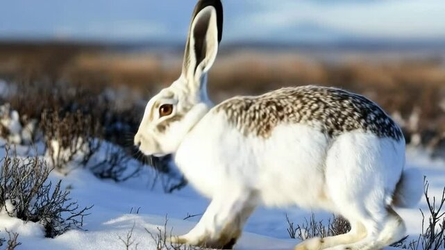 Arctic Hare in Winter: Camouflaged Fur in Snowy Landscape, Wildlife Movement