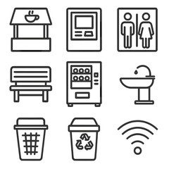 Customer Amenities Icons. Line style icons of Customer Amenity Features: coffee kiosk, ATM machine, restrooms sign, seating bench,