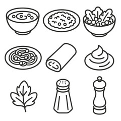 Frozen Pea Ingredient Icons. Line style icons of Frozen Pea Recipe Ingredients: pea soup bowl, risotto plate, salad bowl, pasta