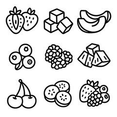 Frozen Fruit Icon Collection. Line style icons of Frozen Fruits: strawberry halves, mango cubes, peach slices, blueberry cluster,