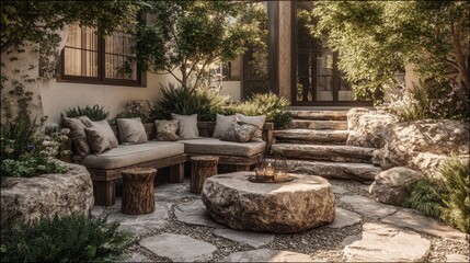 Outdoor stone patio with pergola and wooden furniture on a sunny afternoon in Summer