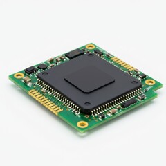 Green circuit board with integrated chip isolated on white background