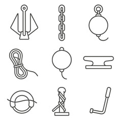 Mooring & Anchoring Icons. Outline style icons of Mooring & Anchoring Gear: fluke anchor, anchor chain, buoyed anchor, mooring