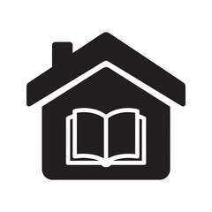 Home schooling icon with a book inside a house representing studying at home for distance education and completing homework assignments vector solid glyph icon