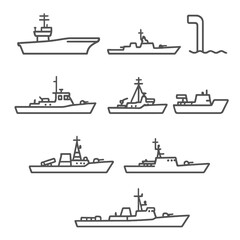 Naval Warship Icons. Outline style icons of Naval Warships: aircraft carrier, destroyer silhouette, frigate outline, submarine