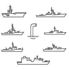 Naval Warship Icons. Outline style icons of Naval Warships: aircraft carrier, destroyer silhouette, frigate outline, submarine