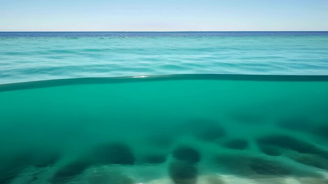 Oceanic Divide: A mesmerizing split-level panorama captures the ethereal beauty of the sea, where crystalline turquoise waters meet the sandy ocean floor under a cloudless azure sky.