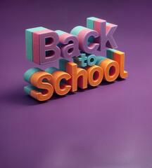 3d isometric text Back To School made from blocky shapes and colorful letters on the vibrant purple background. Educational, retro futuristic copy space concept.