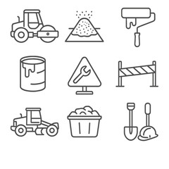 Traffic Management Icons. Line style icons of traffic management maintenance: road roller, asphalt patch, paint roller, traffic