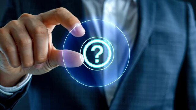 Seeking Answers: A man's hand delicately holds a glowing question mark, hinting at curiosity, uncertainty, and the search for solutions.
