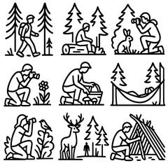 Forest Adventure Icons. Outline style icons of Forest and Nature Adventure Silhouette: person walking through tall trees, sitting