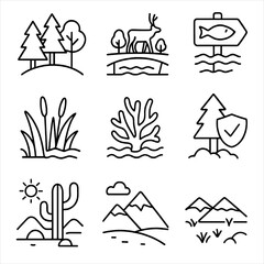 Fototapeta premium Ecosystem Conservation Icons. Outline style icons of Hybrid Systems with Turbines: turbine with solar panel, hybrid energy icon,