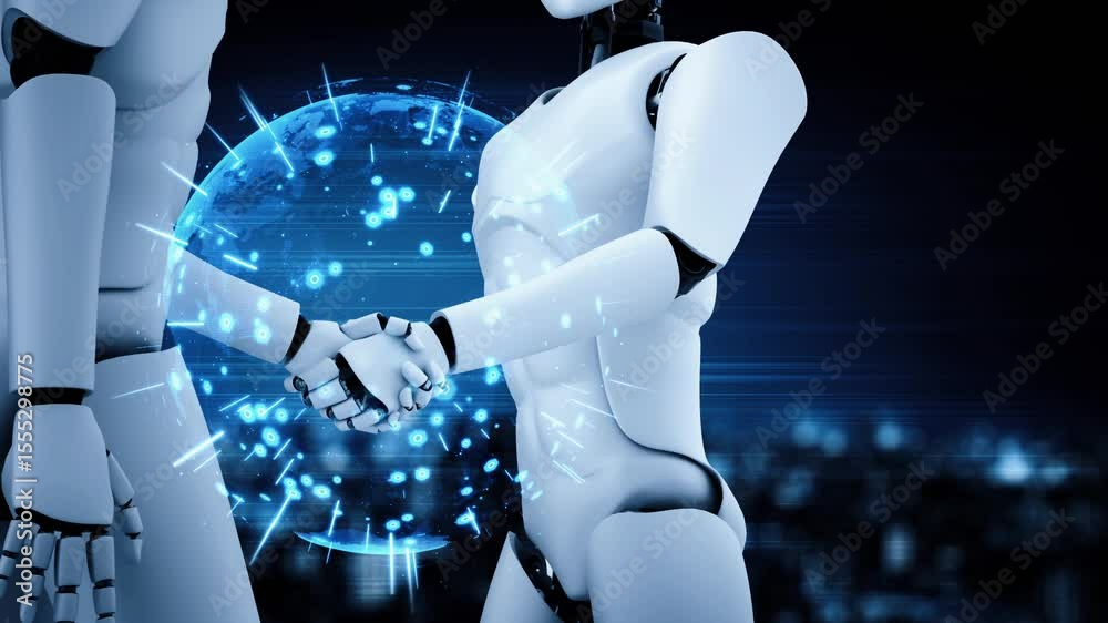 Poster 3d rendering hominoid robot handshake to collaborate future technology development by ai thinking br
