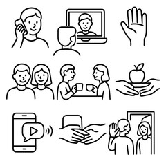 Social Connection Icons. Outline style icons of Social Connection: talking on phone, video call, texting, smiling group, waving