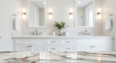 A blurry bathroom interior with marble countertop and white cabinets and double sink vanity area