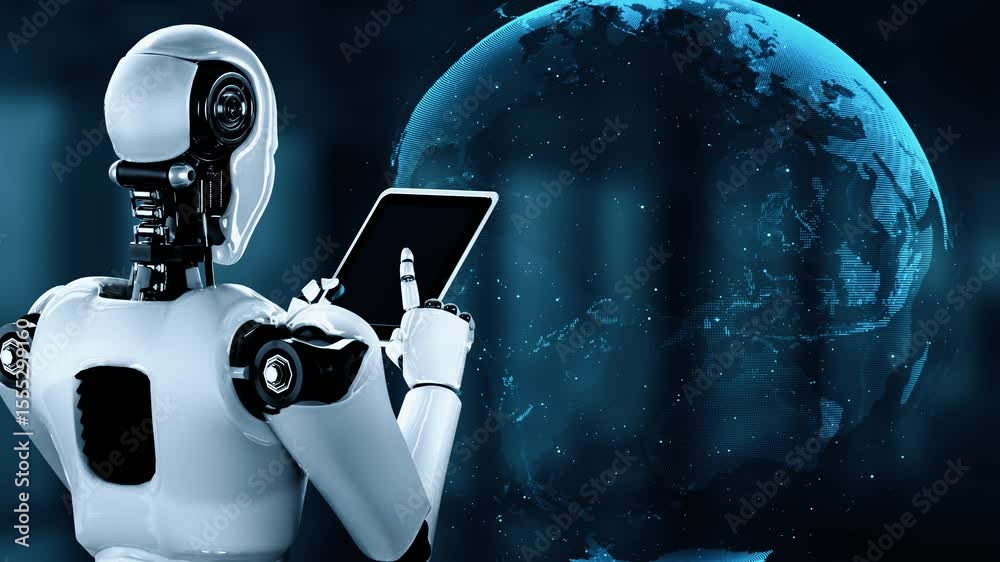 Poster ai robot huminoid uses cloud computing technology to store data on online server . futuristic concep