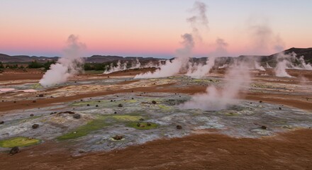 Fototapeta premium Geothermal Field Steaming at Pastel Sunset in Iceland