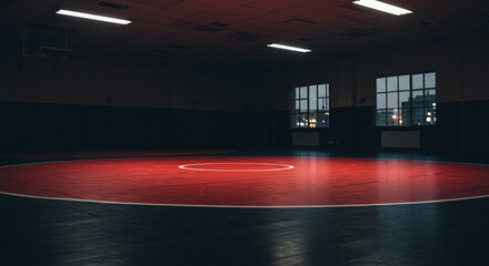 An empty wrestling room with a red mat and windows showing a city at night under fluorescent lights