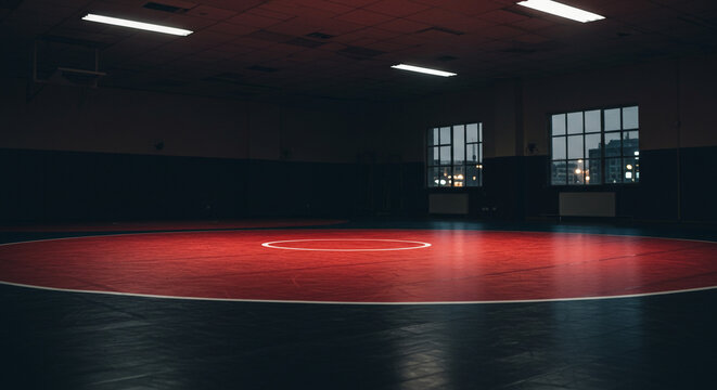 An empty wrestling room with a red mat and windows showing a city at night under fluorescent lights - Powered by Adobe