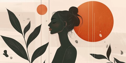 Silhouette of a woman surrounded by leaves and abstract orange sun at sunset