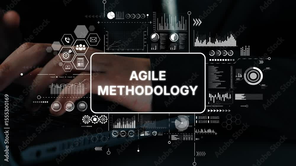 Poster dynamic agile methodology concept with hands typing on keyboard surrounded by analytical graphics an