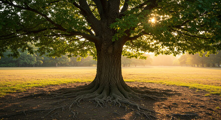 A large tree with exposed roots stands in a field with sun shining through the leaves in the distance