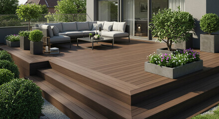 A luxurious outdoor patio with a gray sofa, coffee table, and potted plants on a wooden deck area