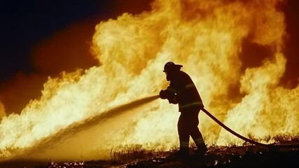 Firefighter Silhouetted Against Intense Flames, Hosing Down a Blaze at Night