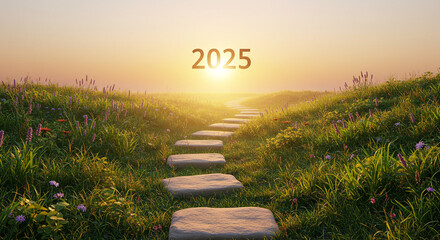A stone path leading to the horizon with the year twenty twenty five floating above the landscape