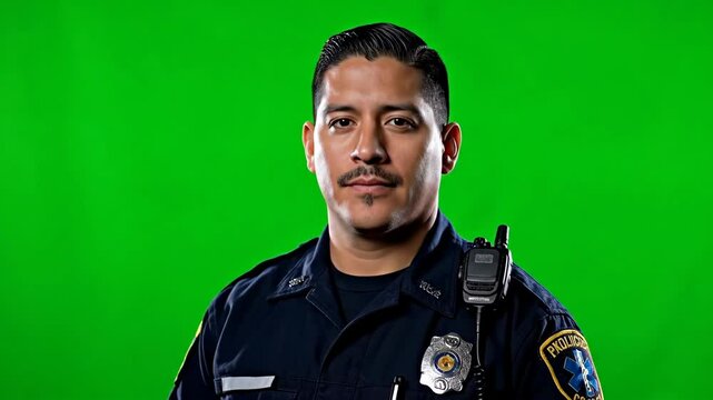 Hispanic man in uniform turning head and looking around on green screen. First responder concept. Footage.