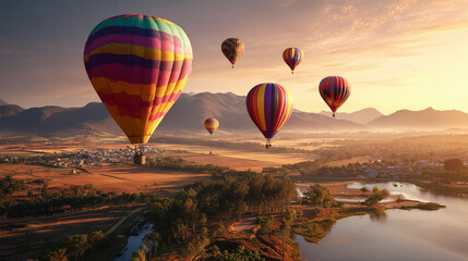 Obraz premium Hot Air Balloons Floating Over Scenic Countryside at Sunrise