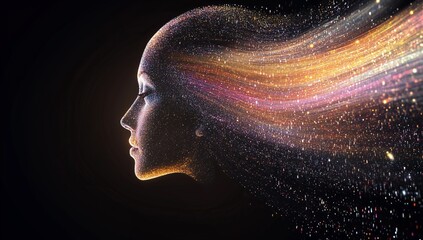 Elegant silhouette of a woman with flowing hair made of vibrant particles