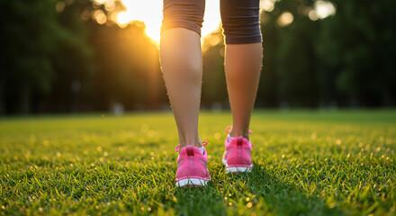 A person walking on grass in pink shoes and gray leggings during sunset in a green field park setting