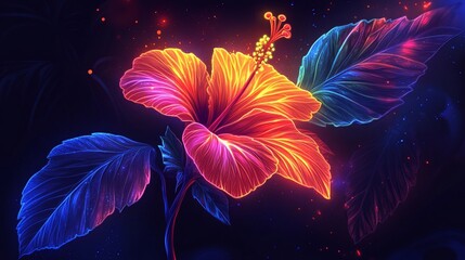 Vibrant hibiscus flower glows in vibrant neon colors, surrounded by dark background, with glowing leaves
