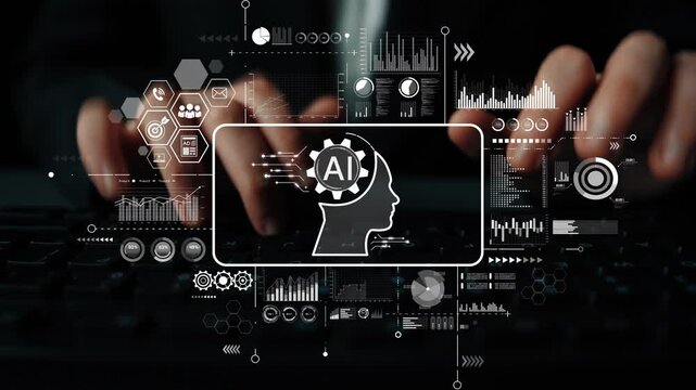 Innovative Artificial Intelligence Concept with Human Silhouette and Data Insights Overlaid on Keyboard. Asymptotic smart data analytic. - Powered by Adobe