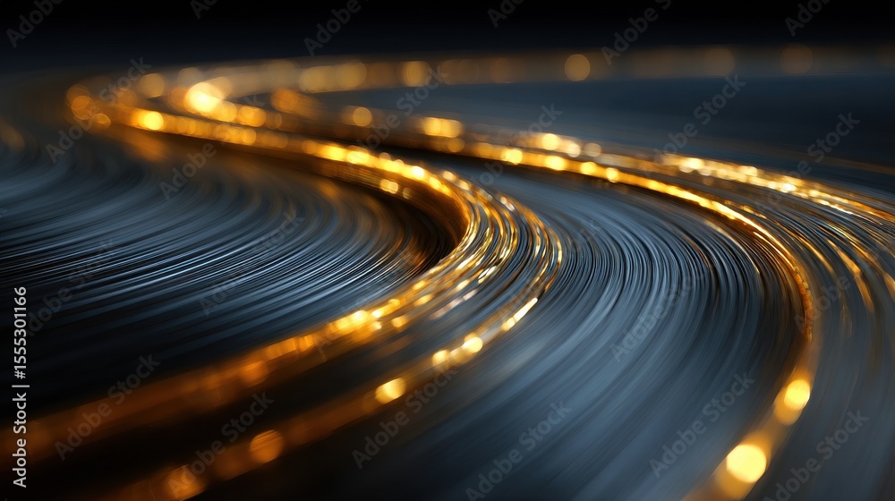 Fototapete Golden flowing lines create abstract shapes with sparkling lights on a dark background, suggesting connectivity and flowing movement