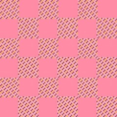 Pink checkered pattern with colorful polka dots and solid squares  