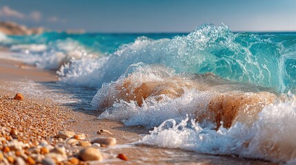 Ocean wave cresting on the sand at a beach in Summer at early morning, calm turquoise blue sea water coming to the shore