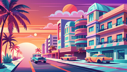 Obraz premium Pastel Art Deco buildings line Ocean Drive, glowing under a warm sunrise. Palm trees sway beside turquoise waters. Classic cars in soft pink and teal reflect the early light. Smooth sand and gentle 
