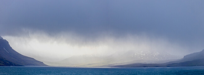 Panoramic view of the coastline from the sea near Akureyki, Iceland on 5 June 2025