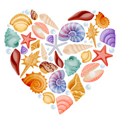 Seashells in heart shape. Summer background with shells.. Vector illustration for beach, marine theme prints design
