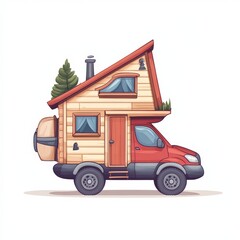 A red truck converted into a cozy wooden camper with a slanted roof, windows, chimney, and a tree on top, blending travel and home comfort.