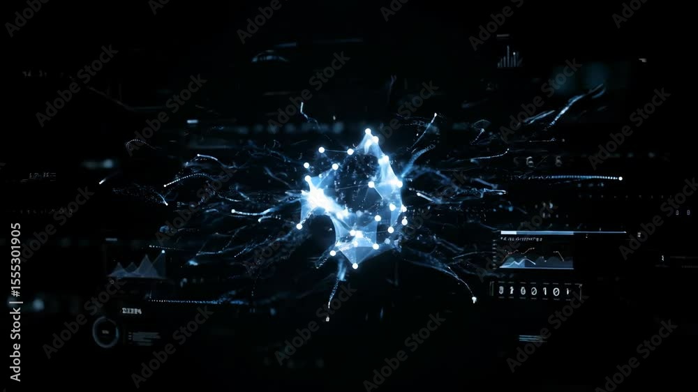 Poster Blue glowing neuron network with connected data streams and statistical graphs for artificial intelligence and big data science footage.