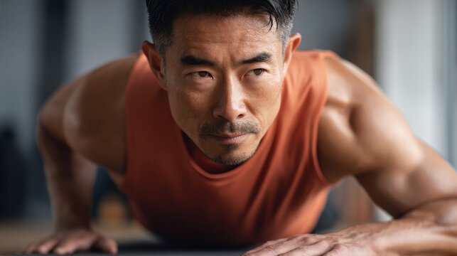 Asian man performing plank exercise on yoga mat in gym environment - Powered by Adobe