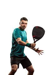 Padel player with racket on white background, perfect for sports event ads, social media promos,...